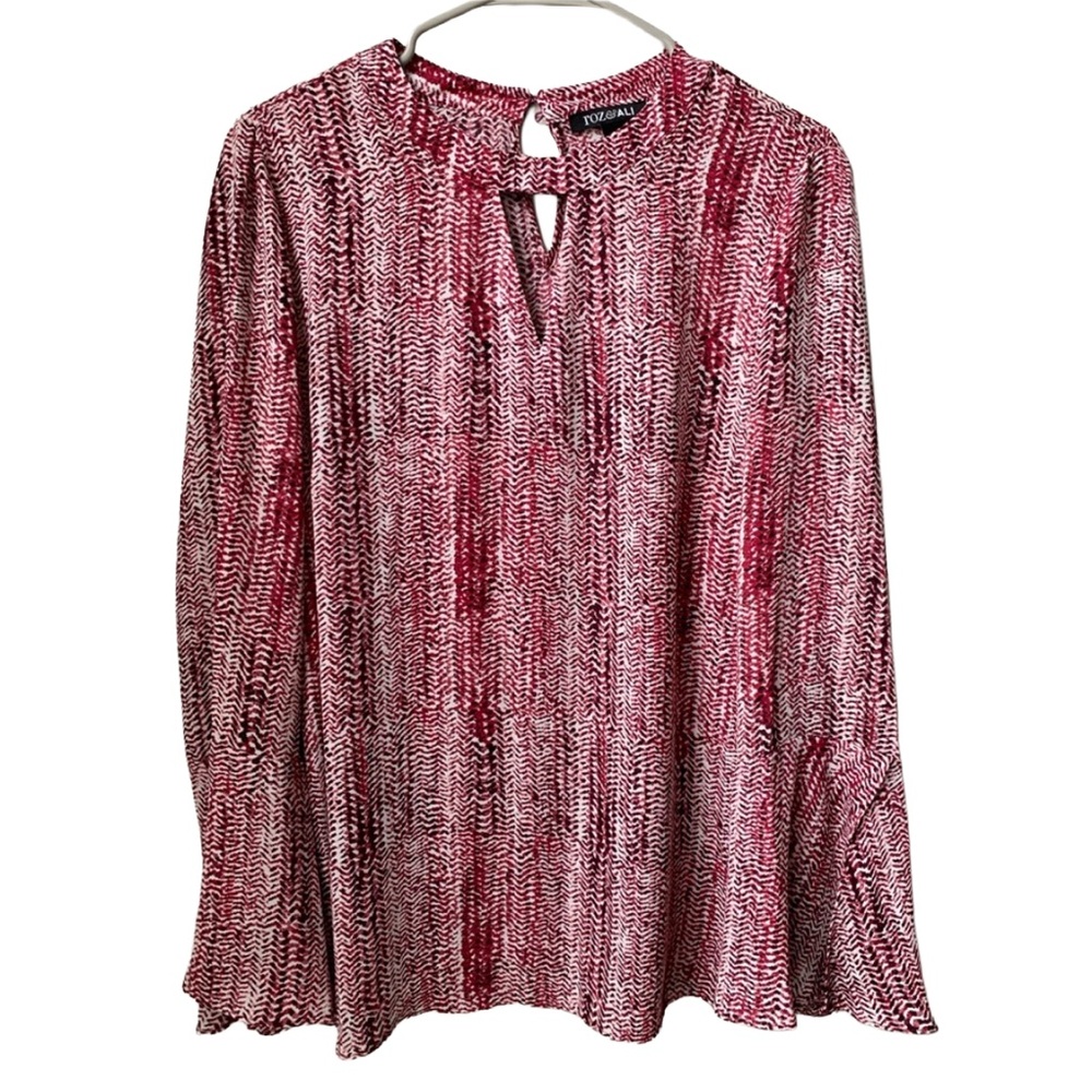 ROZ & ALI Burgundy Red Cream Print Long Trumpet Sleeve Blouse